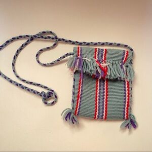 Colombian handmade wayuu striped blue woven knit Crossbody flap fringe bag 6x7”